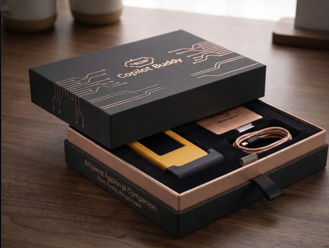 Copilot Buddy premium gift box, open, showing the device in foam, a braided USB-C cable, and a Welcome card