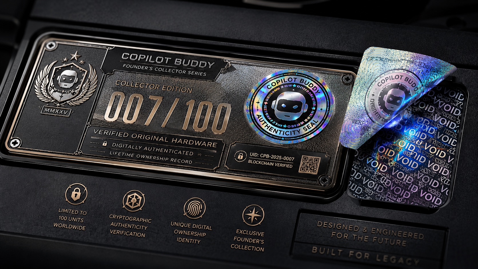 Copilot Buddy Founder's Collector Series authenticity plate. Collector Edition number 007 of 100, Verified Original Hardware, digitally authenticated with a lifetime ownership record, a holographic authenticity seal, a blockchain-verified UID CPB-2025-0007, and a tamper-evident VOID hologram. Feature icons read: limited to 100 units worldwide, cryptographic authenticity verification, unique digital ownership identity, and exclusive founder's collection.