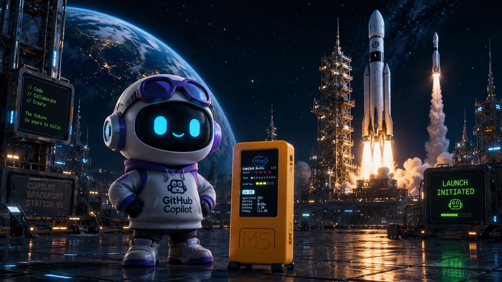 Copilot Buddy, the GitHub Copilot mascot beside an M5StickC PLUS2 running the firmware at a launch pad