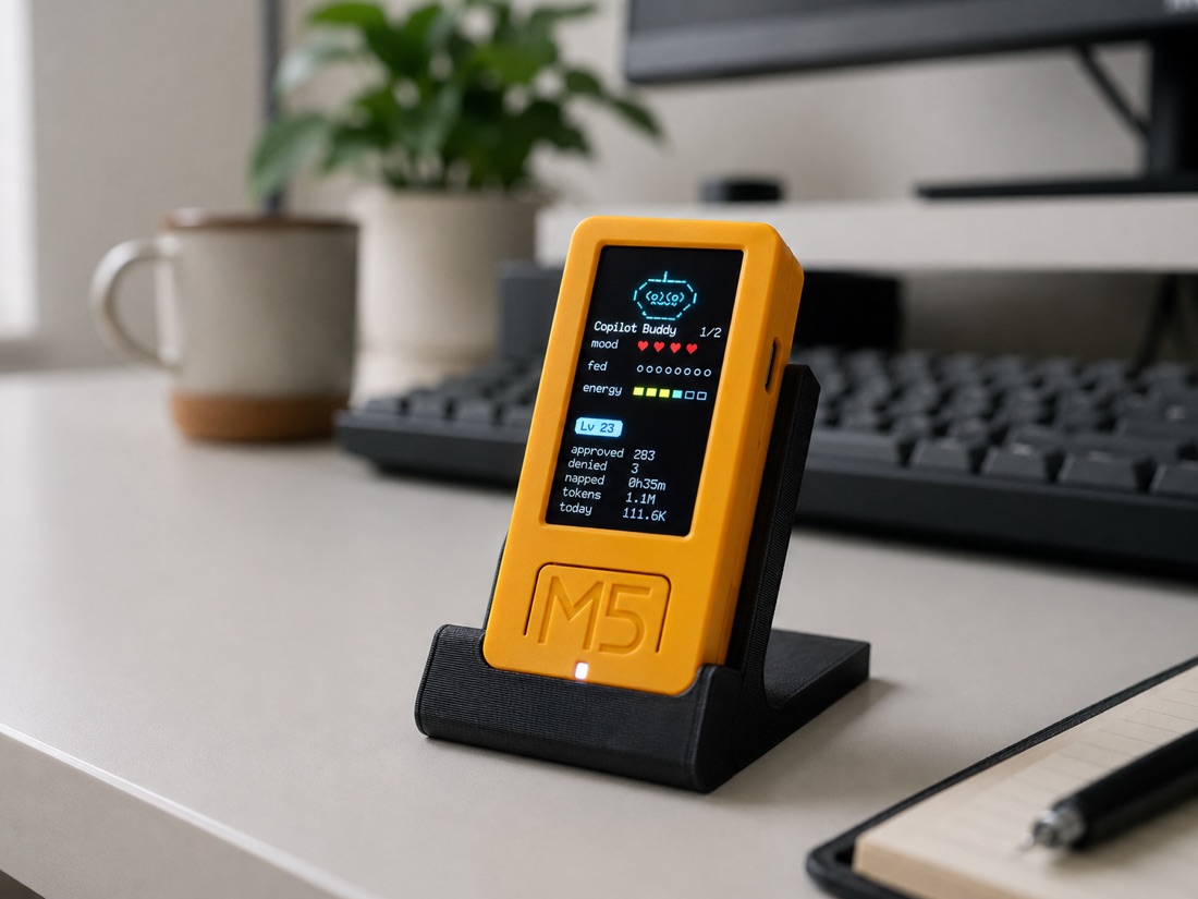 Copilot Buddy (M5StickC PLUS2) in its desk stand